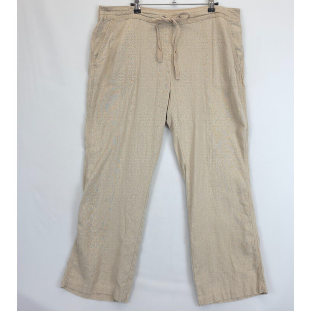 Per Se Beige Linen Blend Pants Relaxed Drawstring Wide Leg Casual Women XL Chic